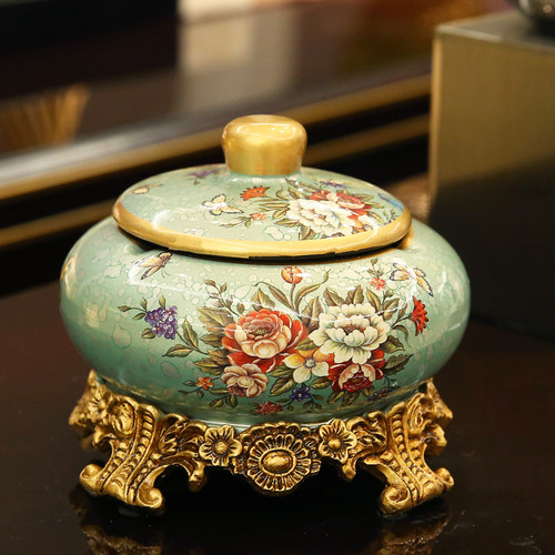 欧式田园陶带盖瓷烟灰缸家用客厅卧室办公室装饰摆件创意个性礼品