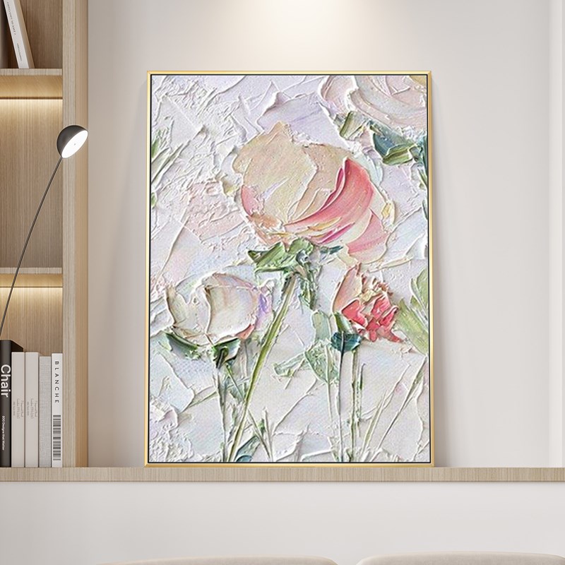 手绘油画抽象花卉餐厅装饰画简美客厅挂画轻奢玄关大幅牡丹肌理画图片