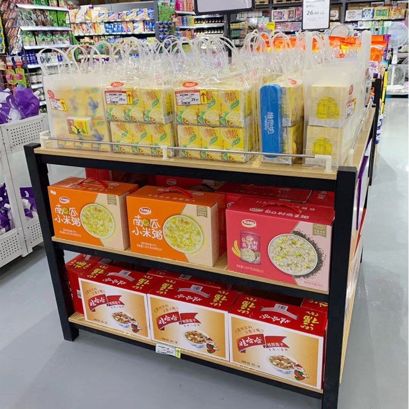 地堆台礼品盒堆架牛奶钢木粮油三层架货架陈列超市堆头展示架