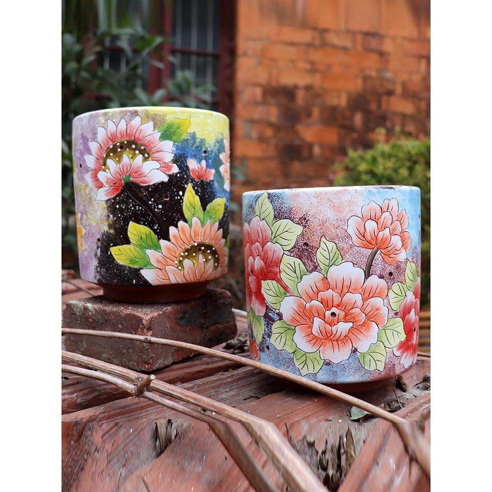 2023春季新品景德镇陶瓷红陶透气吸水手绘雕刻韩式多肉花盆口径15