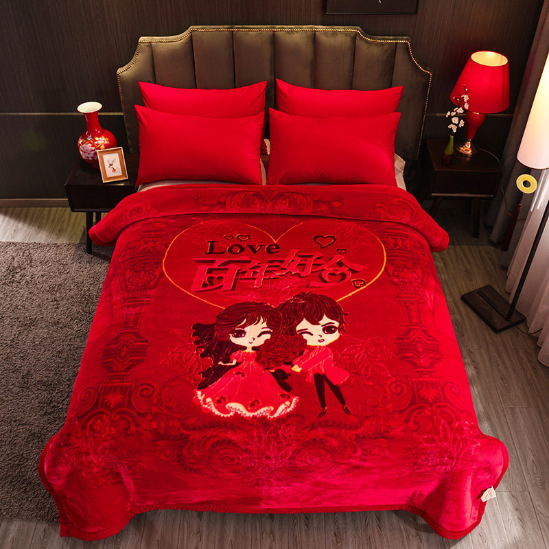 结婚毛毯喜被陪嫁婚庆大红色云毯双层加厚冬季双人盖毯被子绒毯子