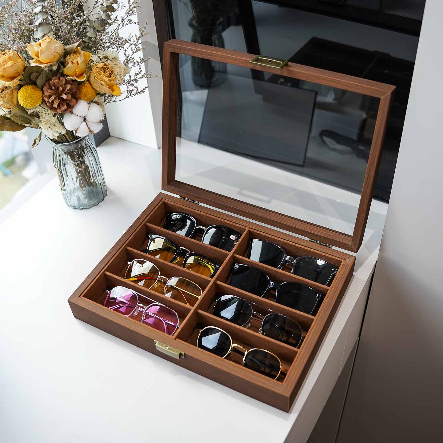 8格胡桃木纹眼镜收纳盒 多功能墨镜太阳镜展示盒子带盖防尘眼睛盒
