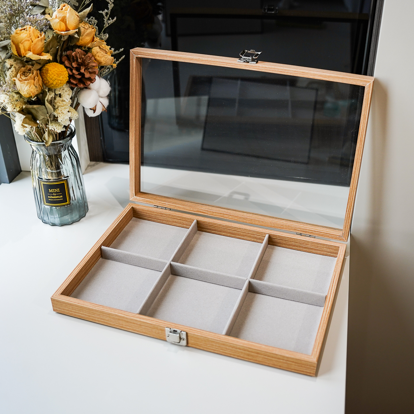 六格梨花木纹防尘首饰收纳盒