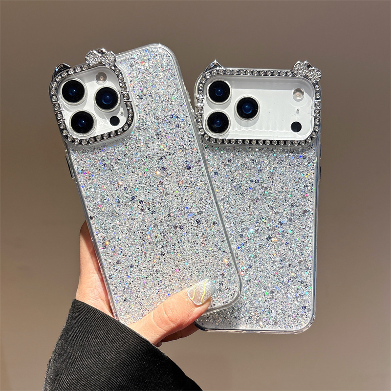 电镀水钻KT猫镜框适用于iphone16e手机壳15proMAX银色闪粉17猫耳朵滴胶14plus亮片苹果13简约保护套12可爱air