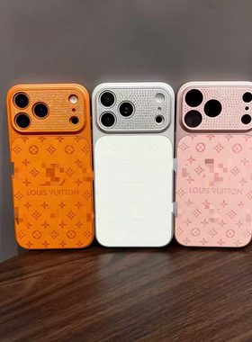 橙色皮纹可爱卡通线条猫咪适用苹果16promax手机壳iphone17新款15pro女款14大视窗全包防摔13保护套挂绳