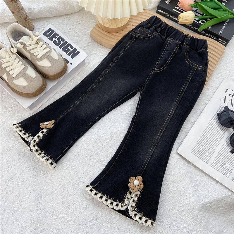女童开叉微喇叭加绒牛仔裤秋冬新款洋气中小儿童女孩外穿长裤子潮