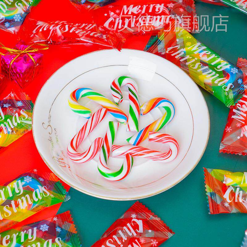 圣诞节果糖拐杖糖袋50g散装平安夜儿童VJW礼物0迷你彩装虹拐棍糖