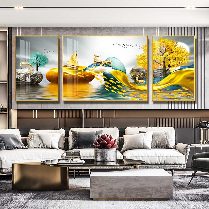 客厅装饰画沙发背景墙壁画挂画三联画现代简单优雅平易奢华钻石水图片