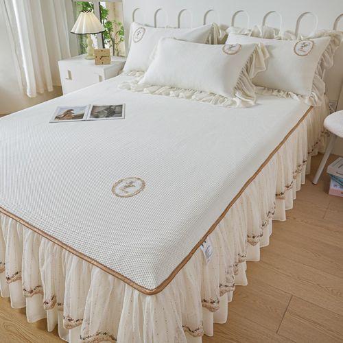 夏季冰丝凉席床裙款三件套法式蕾丝花边床罩+枕套空调软席可机洗