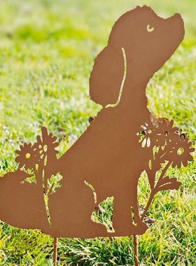 动物花插挂饰仿铁锈草地摆件地插狗狗猫咪花园庭院草坪园艺装饰品