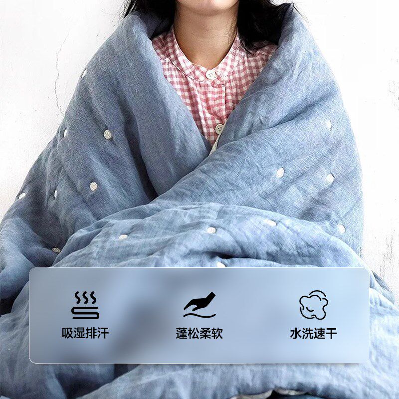 伽罗生活可水洗亚麻被拼色双面绣花空调被薄垫夏凉被薄毯子小被子