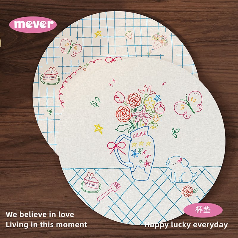 法式插画卡通可爱家用皮革吸水杯垫隔热餐垫桌面咖啡杯茶水垫防烫