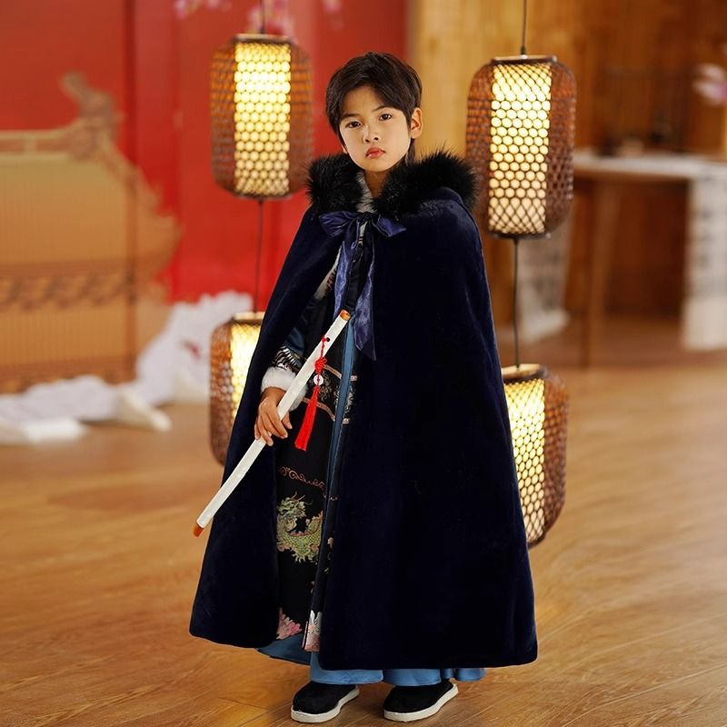汉服男童披风冬季加绒防风女童披风斗篷加厚保暖儿童斗篷拜年服