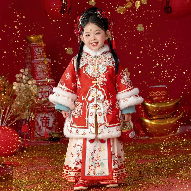 小海兰汉服女童秋冬加厚明制套装儿童国风格格马面裙红色拜年服