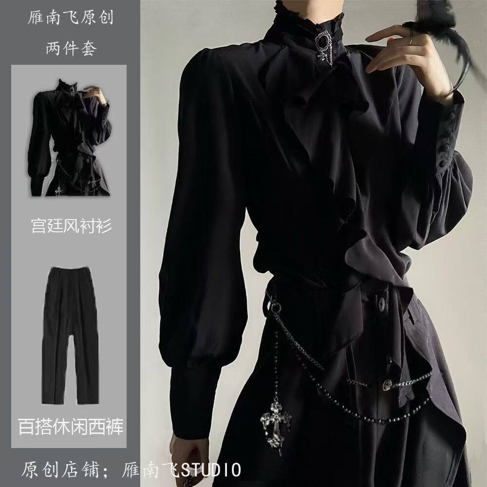 黑色加长马甲修身收腰戗驳领燕尾拖尾马夹搭配宫廷风衬衫复古裙裤