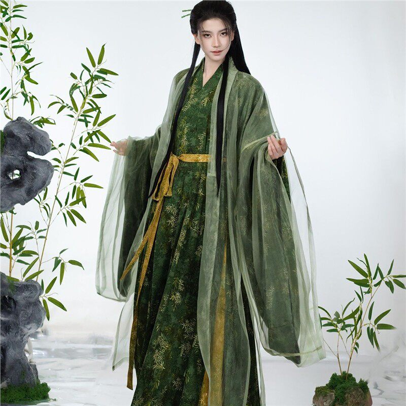 绿色宋制汉服日常竹叶印花交领直裾长衫宋裤春秋套装超仙男女同款
