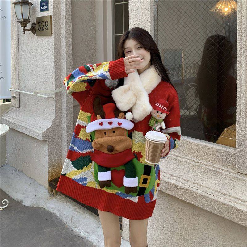圣诞节主题麋鹿毛衣女宽松外穿慵懒风加厚复古外套秋冬上衣针织衫