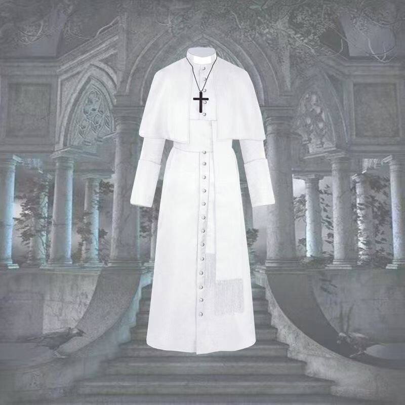 中世纪复古牧师演出服万圣节成人cos神父披肩长袍纯色修道院制服