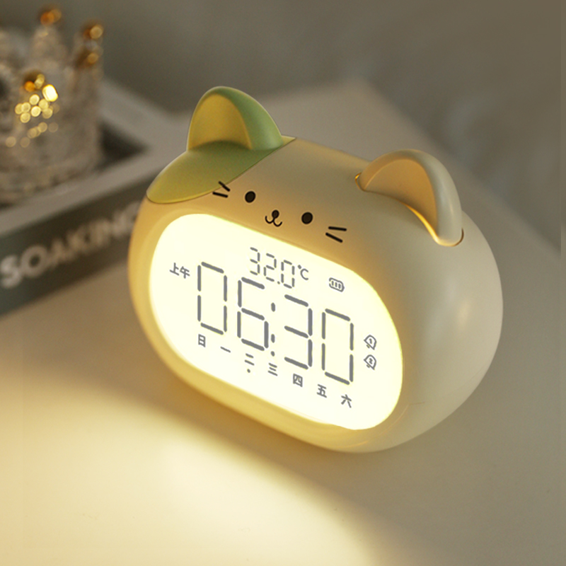 猫咪床头小夜灯带时间柔光卧室睡眠灯儿童护眼充电台灯带闹钟一体