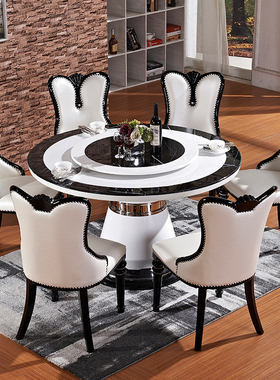 欧式大理石圆桌现代简约圆餐桌椅组合酒店韩式餐台家用饭桌带转盘