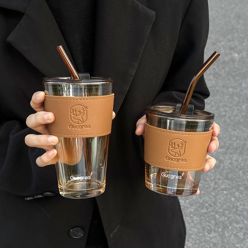 杯子女新款2022吸管玻璃杯高级感水杯学生办公带盖吸管杯咖啡杯