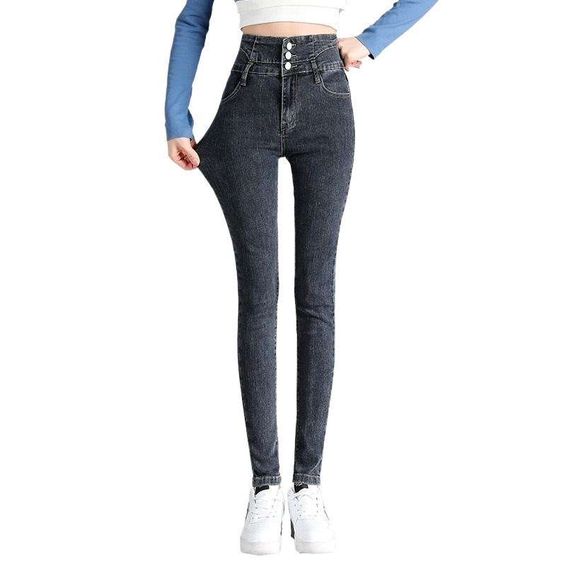 显瘦高腰牛仔裤女2025春秋新款烟灰色显瘦百搭大码铅笔裤小脚长裤