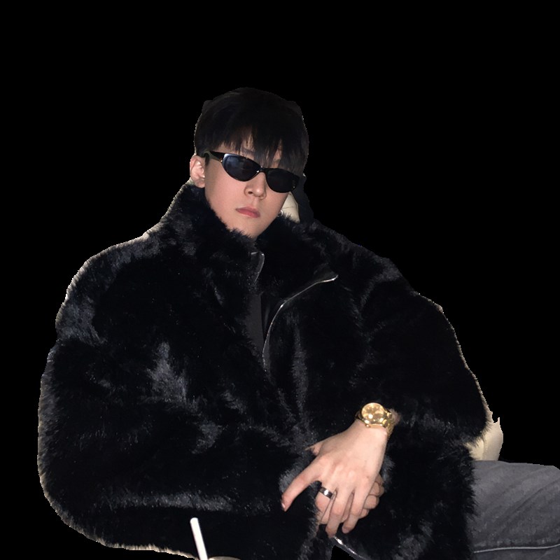 01 sdios/美式黑色貂毛外套男冬季加厚棉服痞帅毛绒仿皮草大衣