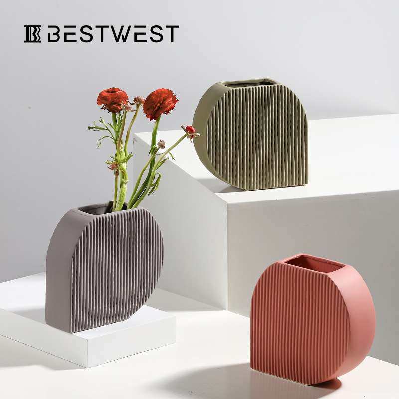 Best west 简约莫兰迪色几何陶瓷花瓶摆件家居客厅软装饰品插花器