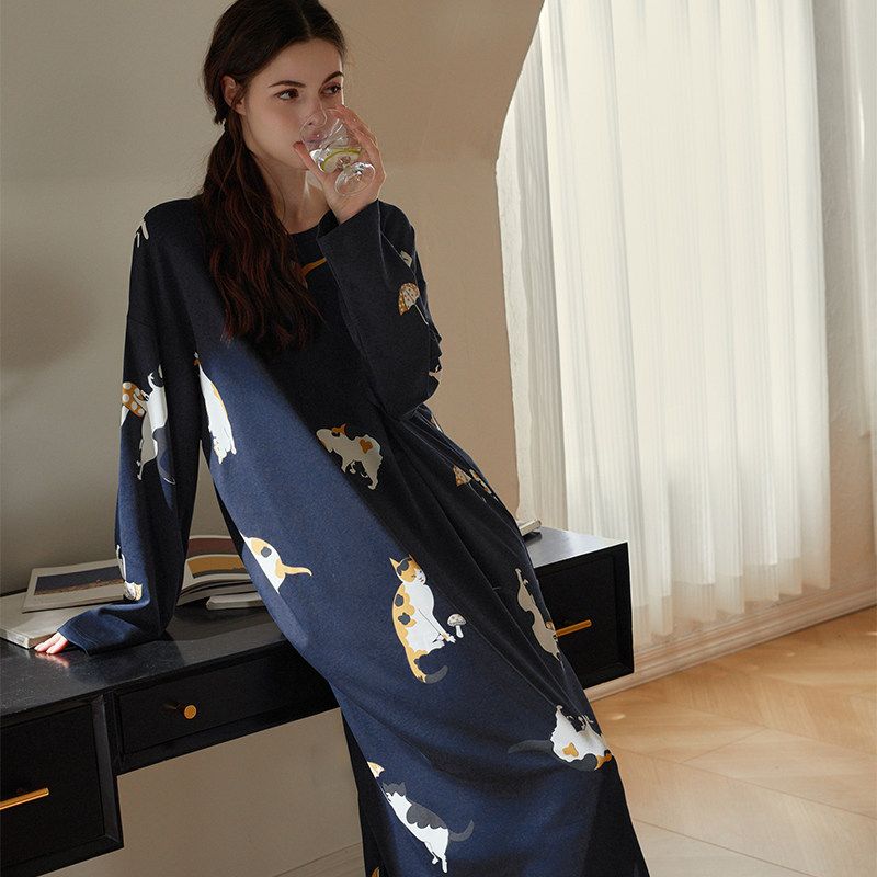 品册女士纯棉长袖睡裙长裙连衣裙