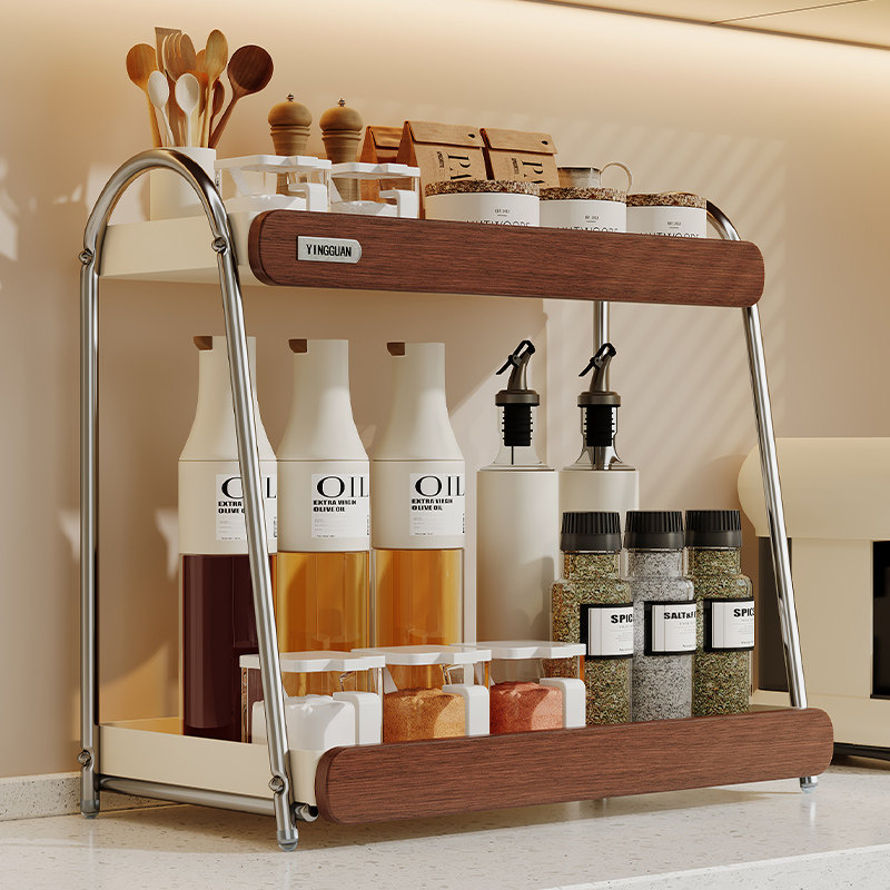 奶油中古风厨房多功能调料置物架家用台面双层调料瓶油壶收纳架子