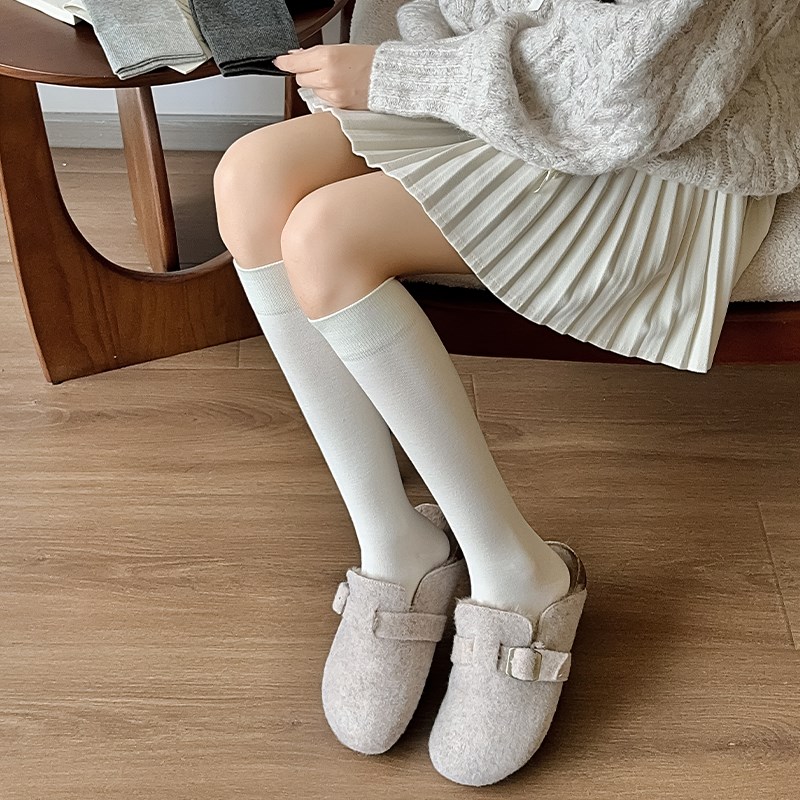 不会丢的袜子 秋冬黑色白色小腿袜女纯棉灰色长筒无骨长袜配靴子