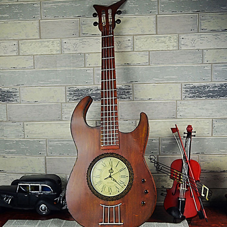 欧式新款钟表吉他模型复古铁艺墙面壁挂饰摄影道具家居软装饰批发