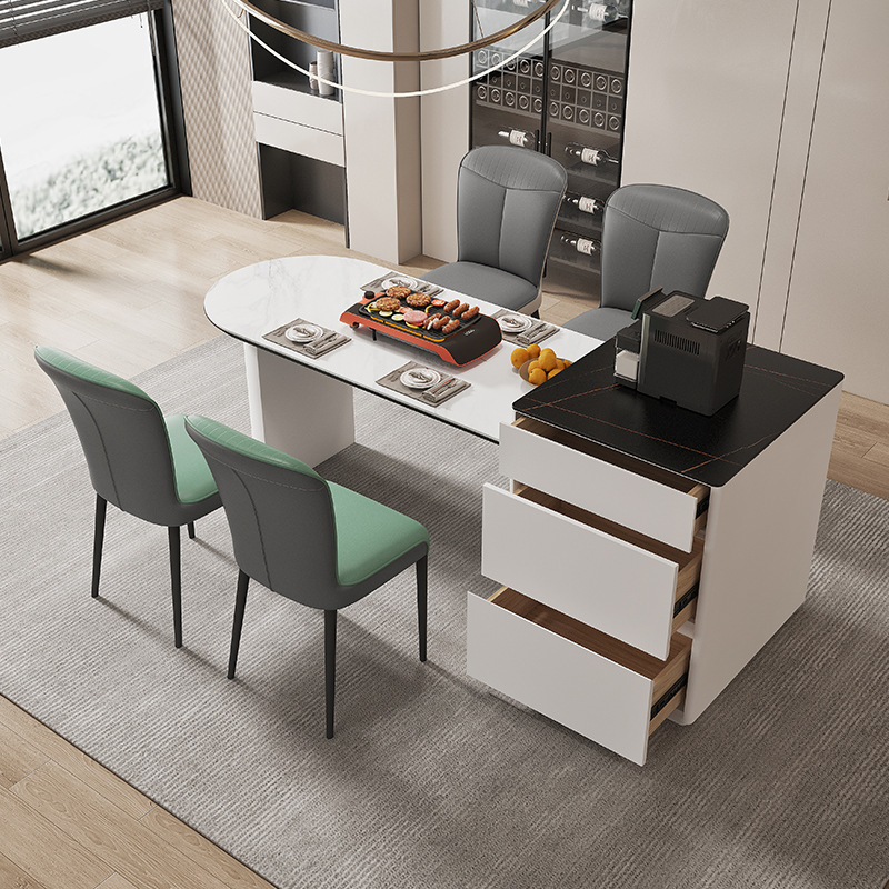 岛台餐桌一体可伸缩岩板岛台奶油风岛台现代简约小户型餐桌椅一体