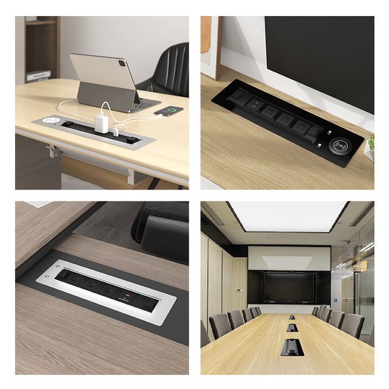 嵌入式电动翻转插座办公桌会议桌岛台智能无线充电多媒体升降排插