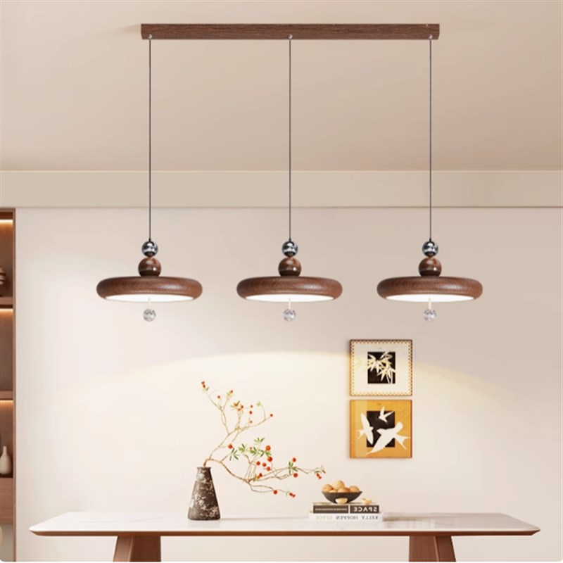 中古风餐厅吊灯可升降轨道复古胡桃木纹风扇灯全光谱餐桌吧台吊灯