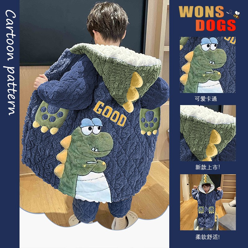 儿童睡衣冬季卡通男女童睡衣三层夹E棉加厚珊瑚绒大童法兰绒家居