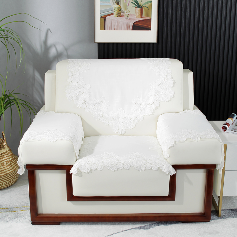 唯米9917白色麻棉蕾丝商务接待办公室会议室单人位会客沙发巾罩套