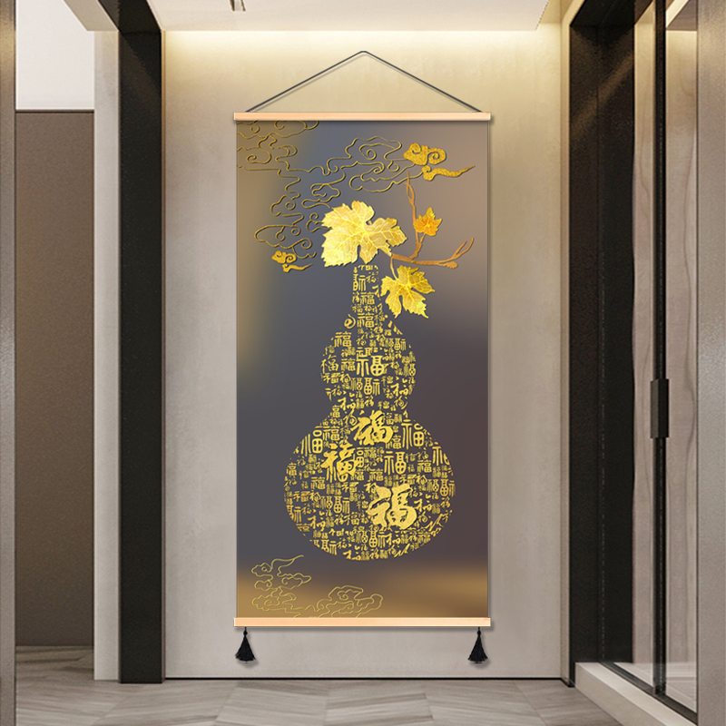 中式玄关鎏金福禄装饰画轻奢走廊挂画布艺免打孔壁画挂布背景布图片