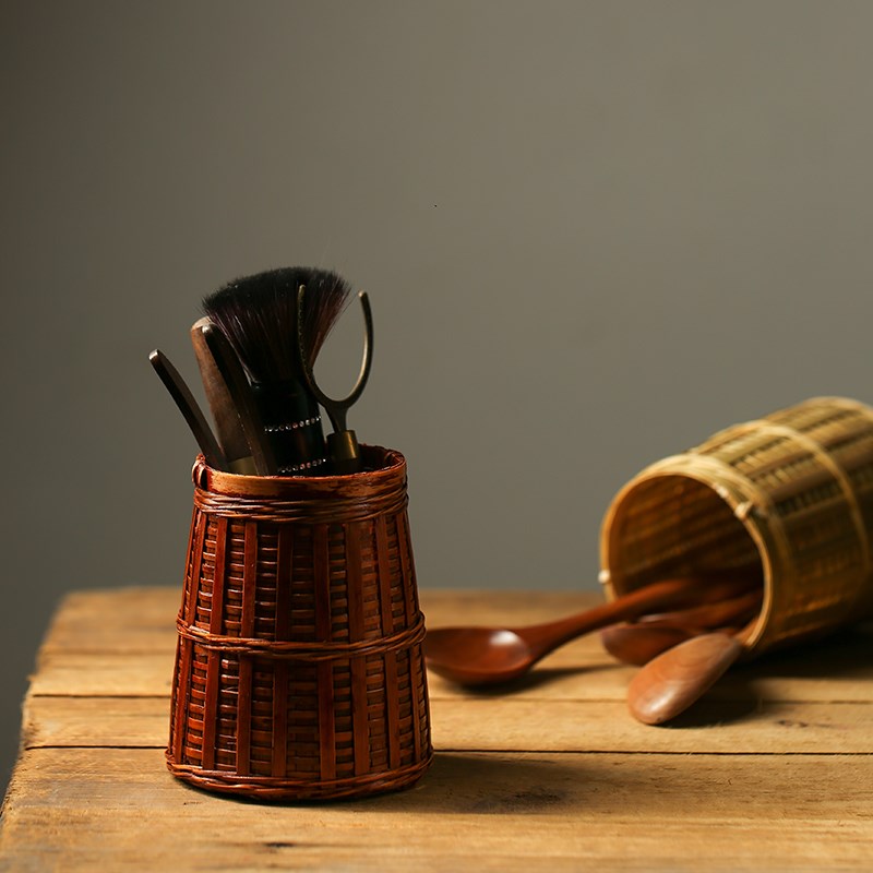 手工编织竹制收纳桶中式复古茶道茶室桌面收纳功夫茶茶具配件