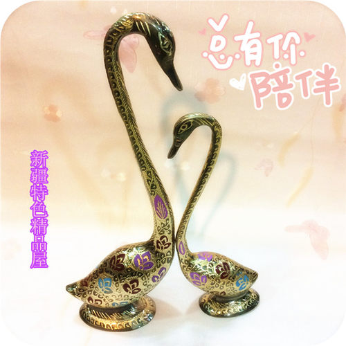 彩绘手工艺品铜雕16英寸情侣天鹅巴基斯坦铜器精美礼品摆件