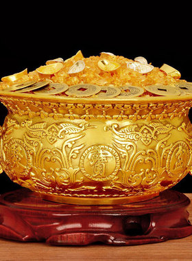 铜聚宝盆摆件家用客厅前台装饰品存钱罐双龙盆铜缸工艺品黄铜米缸