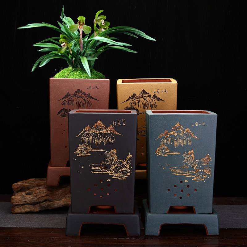 精品紫砂四方兰花盆带底座刻绘君子兰蕙春建兰桌面陶瓷家用盆景盆