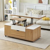 实木多功能茶几小户型加高款 伸缩储物岩板升降茶几餐桌两用带凳子