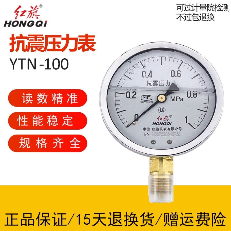 厂家直销 红旗仪表耐震防震抗震压力表YTN-100 0-1MPa充油1.6精度