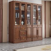 新中式 实木书柜带锁靠墙办公室储物书柜落地家用两门三门大组合柜