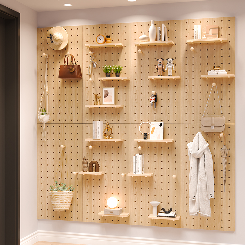 W8实木洞洞板置物架挂板入户门口玄关墙面上定 制全身镜子收纳架