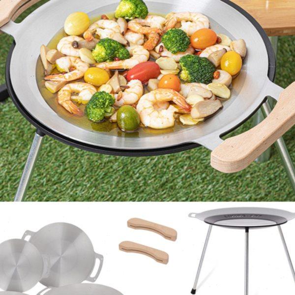 户外露营不锈钢烧烤盘便携烤肉盘可调高烧烤盘支架三脚架木柄煎盘,户外/登山/野营/旅行用品,烧烤盘,淘宝优惠券,粉丝福利购,淘宝优惠卷