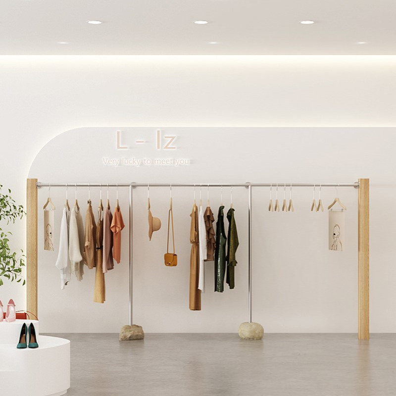 服装店落地式不锈钢服装架家用衣帽间挂衣架轻奢银色陈列架挂衣杆