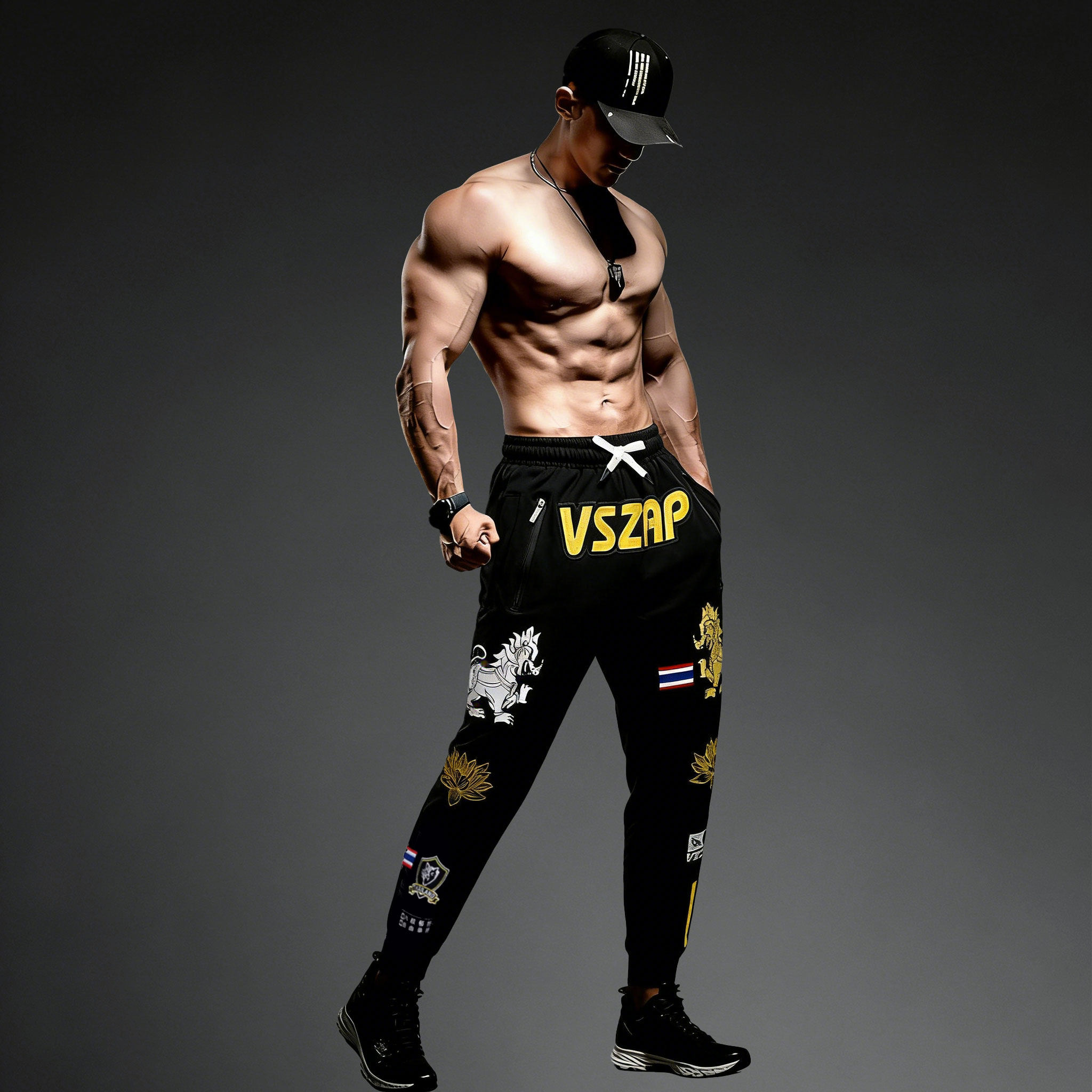 VSZAP休闲运动刺绣卫裤男金色麒麟健身房跑步训练侧边插袋束脚裤