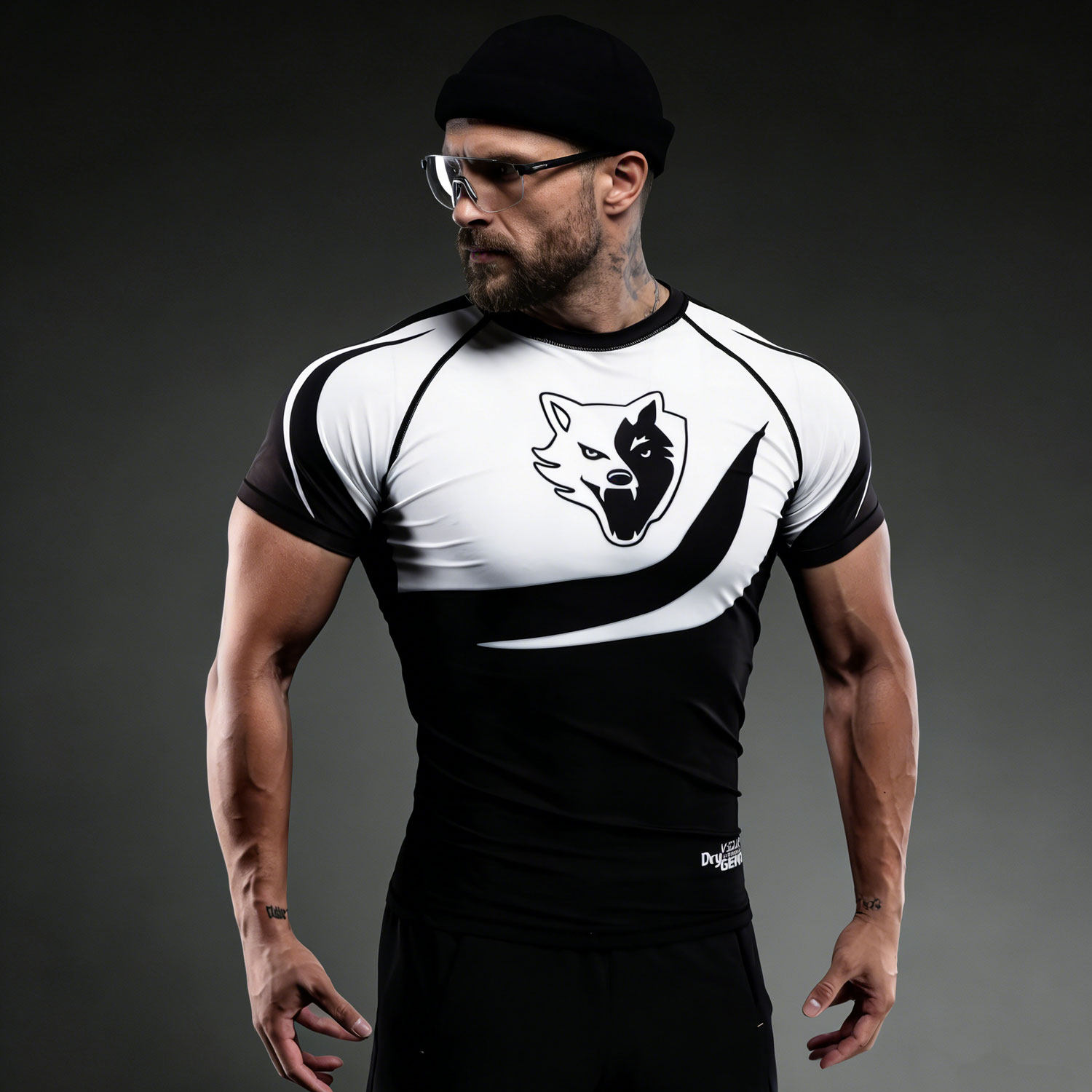 VSZAP美式紧身衣潮牌狼头印花运动健身男士短袖弹力训练服速干T恤